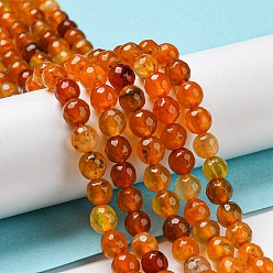 Orange Natural Agate Beads Strands, Dyed & Heated, Round, Faceted, Orange, 6mm, Hole: 1mm, about 62pcs/strand, 14.37~14.76 inch(36.5~37.5cm)