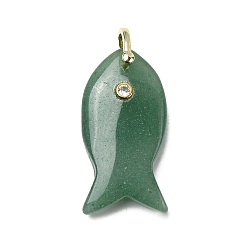 Зеленый Авантюрин Естественный зеленый авантюрин подвески, подвески в виде рыбок с латунной микрофиброй и фианитами, золотые, стойки покрытие, 39~40.5x19.5~20.5x9.5~10.5 мм, отверстие : 4.5x5 мм