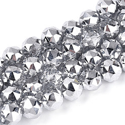 Серебро Гальваническое покрытие прозрачных круглых стеклянных бусин в нитях, граненые, серебряные, 7.5~8.5x7~7.5 мм, отверстие : 1.2~1.6 мм, около 25~26 шт / нитка, 6.89~7.48'' (17.5~19 см)