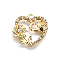 Золотой Латунные микропаве прозрачные подвески с фианитом, сердце с рисунком цветка и слона, золотые, 14x15x3 мм, отверстие : 1.4 мм