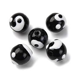 Черный Бусины лэмпворк , бусины ручной работы, круглый с инь-ян, чёрные, 10~11x9.5 мм, отверстие : 1.4 мм