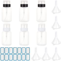 Clear Empty Plastic Press Pump, Nail Polish Remover Clean Liquid Water Storage Bottle, with Plastic Funnel Hopper and Label Paster, Clear, 6x8.5cm, Capacity: 200ml(6.76 fl. oz), 2 colors, 3pcs/color, 6pcs