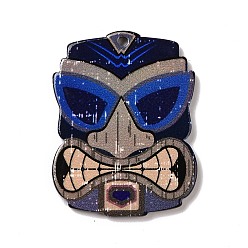 Royal Blue Printed Opaque Acrylic Pendants, Tiki Mask Charms, Royal Blue, 35.5x27x2mm, Hole: 1.8mm