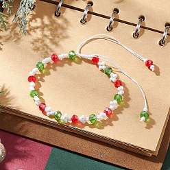 Разноцветный Рождественский браслет ручной работы из стеклянных бусинок и стеклянных семян, регулируемый плетеный нейлоновый браслет для женщин, цветок, красочный, внутренний диаметр: 2~3-1/4 дюйм (5.2~8.2 см)