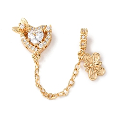 Настоящее золото 18K Латунь микропаве прозрачный кубический цирконий европейские подвески с подвесками, Сердце и бабочка, реальный 18 k позолоченный, 65 мм, отверстия : 4 mm и 1.8 мм
