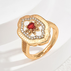 Красный Кольца для женщин с микропаве из латуни и кубическими цирконами, цветок, золотые, красные, 15x22 мм, размер США 7 (17.3 мм)