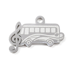 Stainless Steel Color 304 Stainless Steel Pendants, Bus with Musical Note Charms, Hand Polished, Stainless Steel Color, 13x19x1.4mm, Hole: 1.8mm
