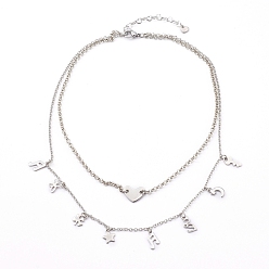 Stainless Steel Color 304 Stainless Steel Double Layer Necklaces, Pendant Necklaces, with Brass Rolo Chains, Heart, Stainless Steel Color, 15.16 inch(38.5cm)
