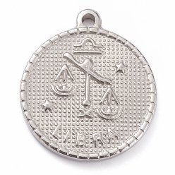 Libra 304 Stainless Steel Pendants, Flat Round with Constellation, Libra, 29x26x3mm, Hole: 2mm