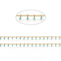 Turquoise Brass Handmade Beaded Chain, Curb Chains, Cadmium Free & Lead Free, with Enamel, Long-Lasting Plated, Real 18K Gold Plated Unwelded, with Spool, Turquoise, 2x1.5x0.8mm, Charm: 6x2x2mm, about 32.8 Feet(10m)/roll
