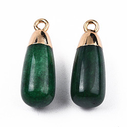 Dark Green Natural Agate Pendants, with Light Gold Plated Iron Findings, Teardrop Charm, Dyed & Heated, Dark Green, 23x8mm, Hole: 1.8mm