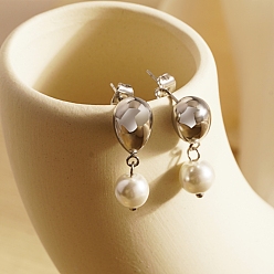 Stainless Steel Color 304 Stainless Steel Stud Earrings for Women, Teardrop, Imitation Pearl Dangle Earrings, Stainless Steel Color, 27x8mm