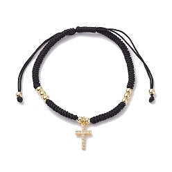 Black Nylon Thread Braided Charm Bracelets, with Brass Beads & Charms, Cross, Black, Inner Diameter: 2-1/8~4 inch(5.35~10cm)