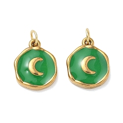 Moon 304 Stainless Steel Enamel Pendants, Flat Round Charms, Ion Plating(IP), Real 18K Gold Plated, Moon Charms, 16x12.5x3mm, Hole: 4mm