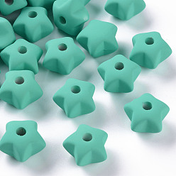 Light Sea Green Acrylic Beads, Rubberized Style, Half Drilled, Star, Light Sea Green, 16x17x11mm, Hole: 3.5mm
