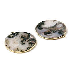 Moss Agate Natural Moss Agate Pendants, with Brass Findings, Flat Round, Golden, 32~34x28.5~31x2mm, Hole: 1.6mm