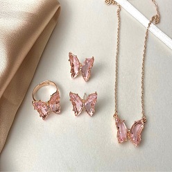 Pink Ожерелья, серьги-гвоздики и кольца из сплава бабочки для женщин, золотые, розовые, 450 мм