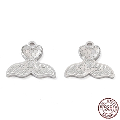 Real Platinum Plated Rhodium Plated 925 Sterling Silver Pendants, Fishtail with Polka Dot & Word Love Charm, Textured, Real Platinum Plated, 12x15x1.2mm, Hole: 1.4mm