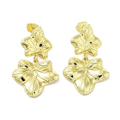 Real 18K Gold Plated Rack Plating Brass Leaf Dangle Stud Earrings, Lead Free & Cadmium Free, Real 18K Gold Plated, 40x25mm