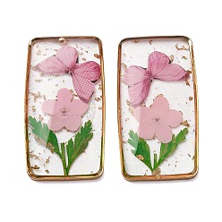 Pink Подвески из латуни, прозрачной эпоксидной смолы и сушеных цветов., Прямоугольные подвески с цветочным и бабочковым узором, с блестка, розовые, 32.5x17.5x3.5 мм, отверстие : 1.2 мм
