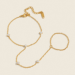 Golden 304 Stainless Steel Pave Clear Cubic Zirconia Hand Chain Ring Bracelets for Women, Golden, 6.50 inch(16.5cm)