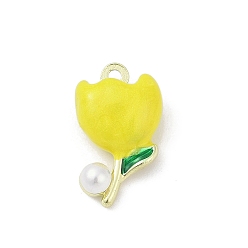 Желтый Подвески из эмали и сплава, с abs имитационными жемчужными бусинами , стойки покрытие, без кадмия, без никеля и без свинца, цветочный шарм, золотые, желтые, 19x11.5x7 мм, отверстие : 1.6 мм