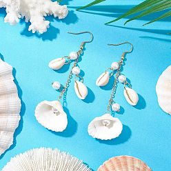 Золотой 304 серьги-подвески в форме ракушки из нержавеющей стали, с натуральной ракушкой каури и искусственным жемчугом, золотые, 80~82x25~26.5 мм