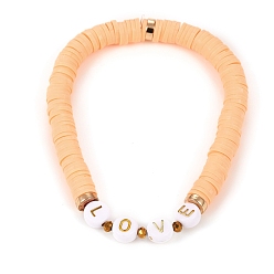 Pêche Bracelets élastiques faits à la main de perles heishi en pâte polymère, pour Saint Valentin, laiton perles d'espacement, des billes de verre et des perles d'acrylique de placage, mot d'amour, peachpuff, diamètre intérieur: 2-1/8 pouce (5.5 cm)