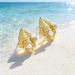 Shell Shape Ocean 304 Stainless Steel Stud Earrings, with Resin Pearl, Golden, Shell Shape, 25x20mm