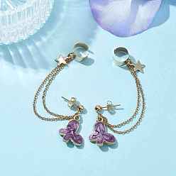 Purple Light Gold 304 Stainless Steel Cuff Earring Chains, Star & Butterfly Alloy Enamel Dangle Stud Earrings Crawler Earrings, Purple, 77mm