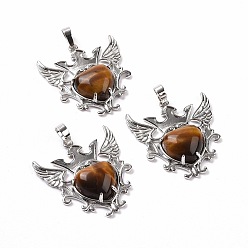 Tiger Eye Natural Tiger Eye Pendants, Eagle with Heart Charms, with Rack Plating Platinum Tone Brass Findings, 36.5x33.3x6~7mm, Hole: 8x5mm