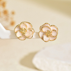 Белый Серьги-гвоздики из латуни с цветком, реальный 18 k позолоченный, белые, 16x16 мм