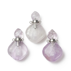 Amethyst Natural Amethyst Perfume Bottle Pendants, with Platinum Brass Findings, Rhombus, 35mm, Hole: 1.6mm