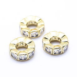 Golden Brass Micro Pave Cubic Zirconia European Beads, Large Hole Beads, Flat Round, Golden, 10x3.5mm, Hole: 4mm