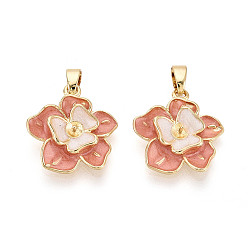 Легкий Лосось Латунные подвески с эмалированными чашечками и жемчужными штифтами, цветок, за половину пробурено бисера, реальный 18 k позолоченный, светлый померанцевый, 16.5~17x16x4 мм, отверстие : 5x2 мм, штифты : 0.5 мм