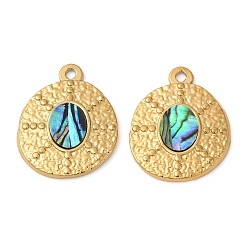 Настоящее золото 18K 304 подвески из натуральной ракушки пауа из нержавеющей стали, плоские круглые прелести, ионное покрытие (ip), реальный 18 k позолоченный, 21.5x17.5x2 мм, отверстие : 1.5 мм