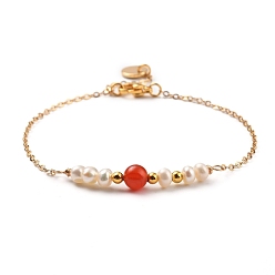 Carnelian Natural Red Agate/Carnelian(Dyed & Heated) Beaded Bracelets, with Natural Pearl Beads, Brass Cable Chains & Beads & Charms, 304 Stainless Steel Lobster Claw Clasps, 7-1/4 inch~7-1/2 inch(18.5~19cm)