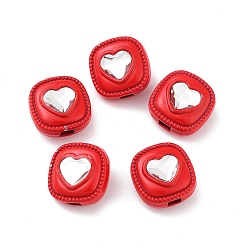 Purpur Spritzlackierte Legierungsperle, mit Glas, Platz mit Herz, Purpur, 12x12x7.5 mm, Bohrung: 2.5 mm