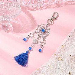 Королевский синий Подвеска из натурального и окрашенного малайзийского нефрита и сплава, поворотные застежки и подвески-кисточки из поликоттона для украшений сумок, плоский круг/паутина со звездой и солнцем, королевский синий, 135 мм