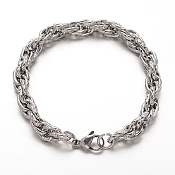 304 Stainless Steel Tarnish Resistant 304 Stainless Steel Rope Chains Bracelets, with Lobster Claw Clasps, Stainless Steel, 8-1/4 inch(210mm)