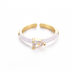 White Brass Enamel Cuff Rings, Open Rings, Solitaire Rings, with Clear Cubic Zirconia, Nickel Free, Teardrop, Golden, White, US Size 7(17.3mm)