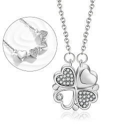 Platinum 2 in 1 Four Crystal Rhinestone Clover Pendant Necklace, Alloy Magnetic Heart Necklace for Women, Platinum, 17.72 inch(45cm)