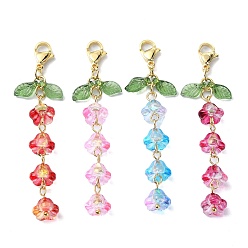 Mixed Color 4Pcs Flower Glass Pendant Decorations, Transparent Acrylic Leaf and Lobster Claw Clasps Charm, Mixed Color, 65mm, Pendants: 13x9x6mm