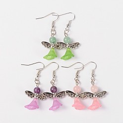 Mixed Stone Tibetan Style Alloy Dangle Earrings, with Mixed Stone, Transparent Acrylic Beads and Brass Earring Hooks, Lovely Wedding Dress Angel Dangle, Antique Silver, 48mm, Pin: 0.8mm