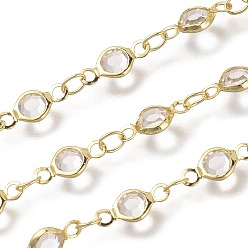 Golden Handmade Glass Link Chains, Soldered, with Brass Findings, with Spool, Long-Lasting Plated, Flat Round, Clear, Golden, 10x4.5x2mm, Hole: 1.5mm, about 32.8 Feet(10m)/roll