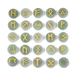 Зеленый Авантюрин Латунь старший футарк алфавит гравированный символ плоский круглый натуральный зеленый авантюрин рунические камни, для балансировки чакр, кристаллотерапия, медитация, гадание, 16.5~17.5x6~7 мм, 25 шт / комплект