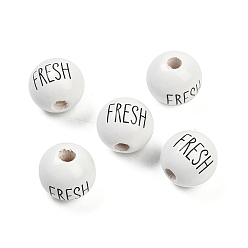 Белый Спрей окрашены деревянные европейские бусины, бусины с большим отверстием, круглый со словом свежий, белые, 15.5~16 мм, отверстие : 4 мм
