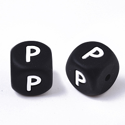 Letter P Пищевые экологически чистые силиконовые бусины, горизонтальное отверстие, кубические, чёрные, letter.p, 12x12x12 мм, отверстие : 2 мм