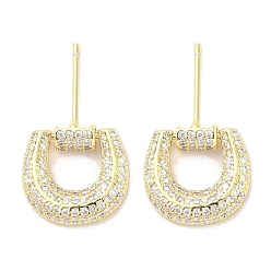 Настоящее золото 18K Серьги-гвоздики из латуни с микро-паве из прозрачного кубического циркония для женщин, без кадмия и без свинца, долговечный, U-образный, реальный 18 k позолоченный, 14x13.5 мм