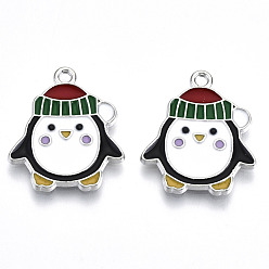Black Alloy Enamel Pendants, Cadmium Free & Lead Free, Penguin, Platinum, Black, 22x18x2mm, Hole: 1.6mm